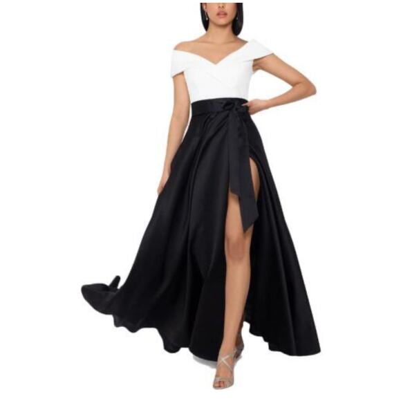 XSCAPE White/Black Off-The-Shoulder Colorblocked High Slit Gown Size 14W NWT - Picture 3 of 10